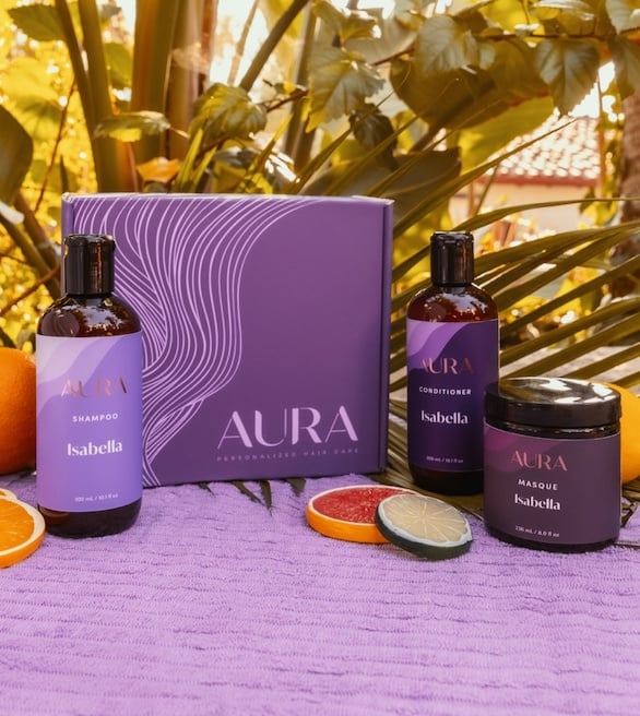 Aura personalized hair box with custom shampoo, conditioner, and mask