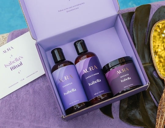 Aura shampoo, conditioner, and mask are sustainably packaged and produced