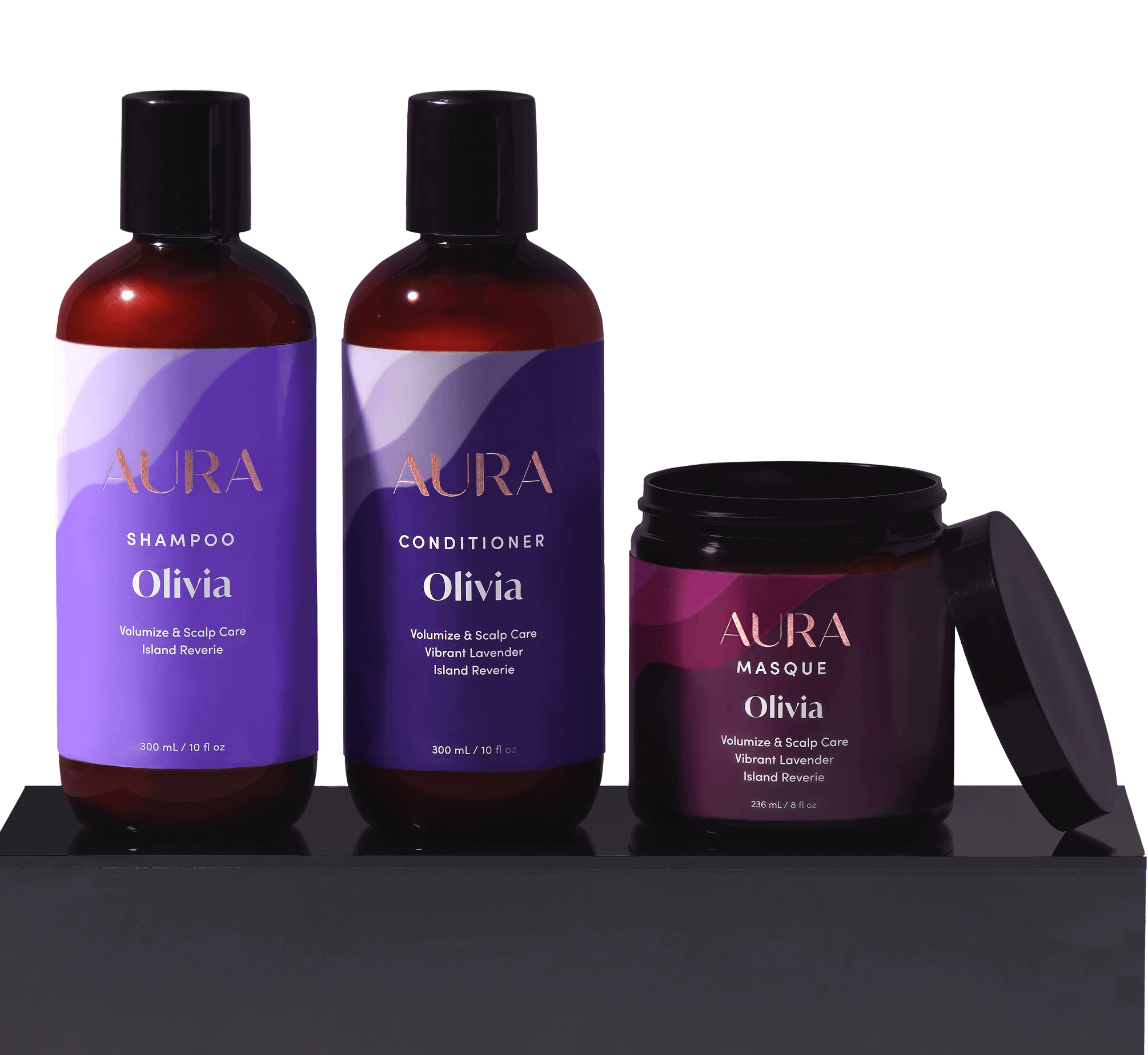 Aura custom hair care box with shampoo, conditioner, and mask